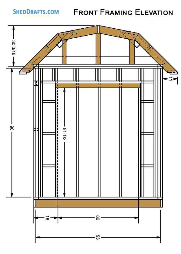 8x8 Gambrel Timber Storage Shed Plans Blueprints 04 Front Framing Elevation
