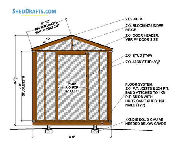 8x8 Storage Shed Plans Blueprints Gable 02 Rear Elevation