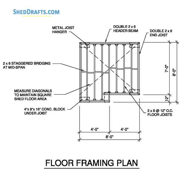 8x8 Wooden Gable Storage Shed Plans Blueprints 02 Floor Framing Plan