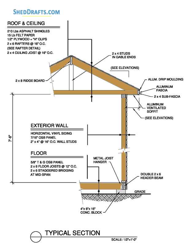 8x8 Wooden Gable Storage Shed Plans Blueprints 11 Wall Section