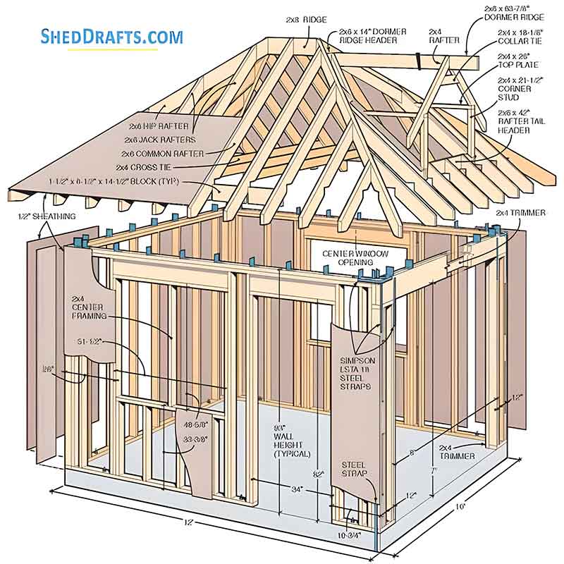 10x12 Hip Roof Storage Shed Dormer Plans Blueprints 01 Building Section