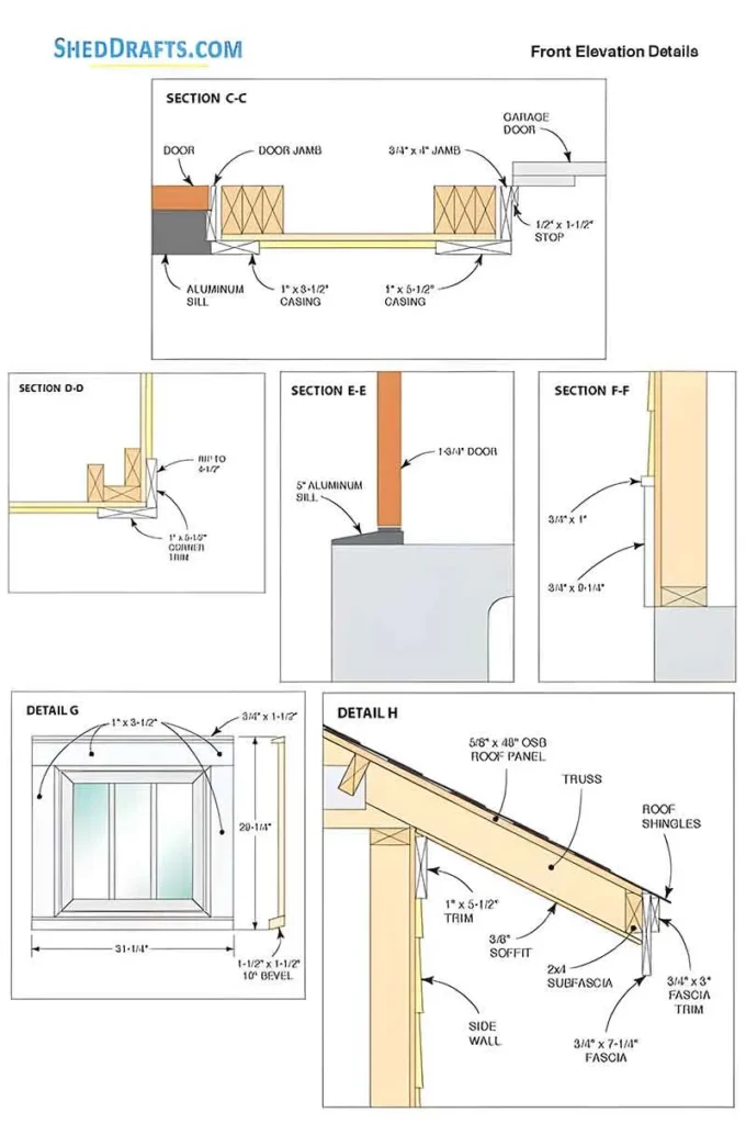 16x20 Gable Garage Shed Plans Blueprints 02 Front Elevation Details
