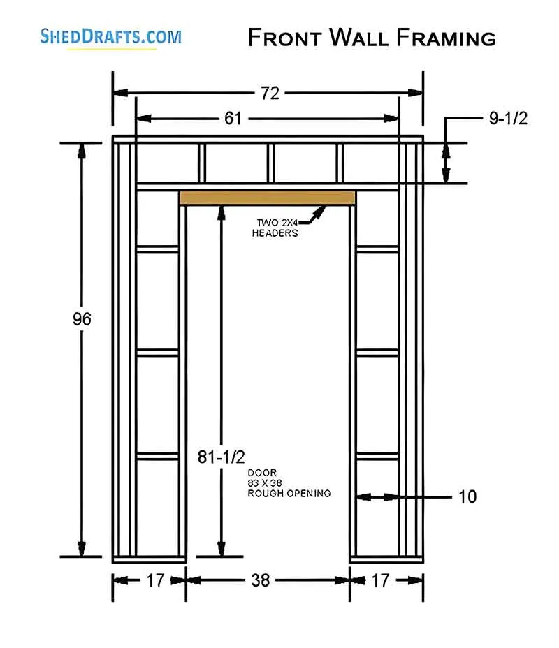 6x6 Gable Tool Storage Shed Plans Blueprints 08 Front Wall Framing