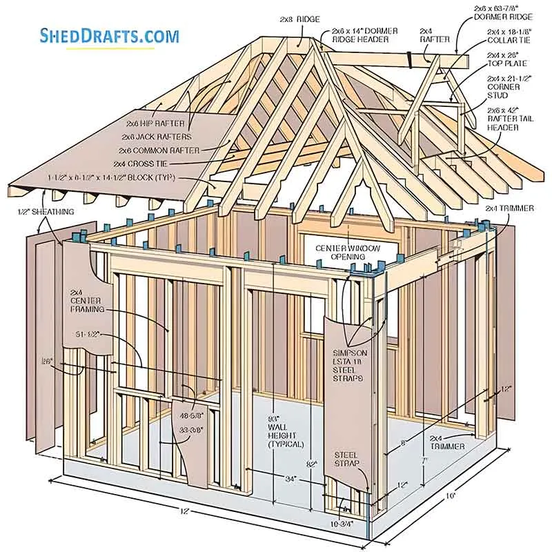 10x12 Hip Roof Storage Shed Dormer Plans Blueprints 01 Building Section 2